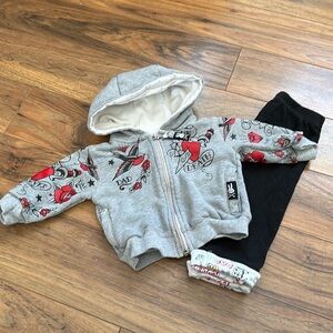 6-12 month 6bunnies hoodie zip up with pockets in front with black pants
